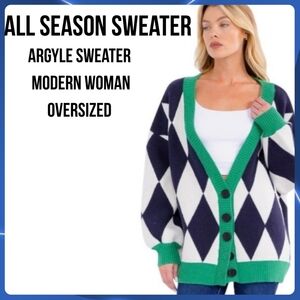 TCEC Argyle Harlequin Sweater Cardigan Navy Green White Oversized Small To XL